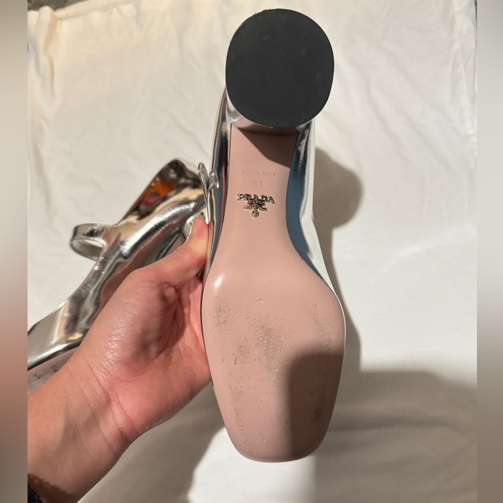 Prada Metallic Leather Mary Jane Pumps Silver - image 4